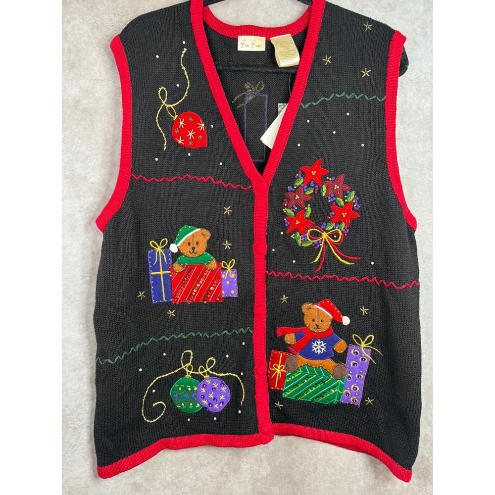 NWT VTG Bobbie Brooks Teddy Bear Vest Women XL Black Christmas Holiday Novelty